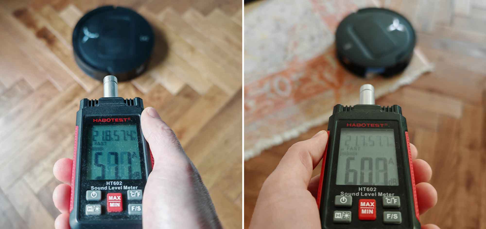 Test Ecovacs T80 Omni : mesure bruit à 57,1 dB(A) sur parquet et 60,8 dB(A) sur moquette. © Labo Maison