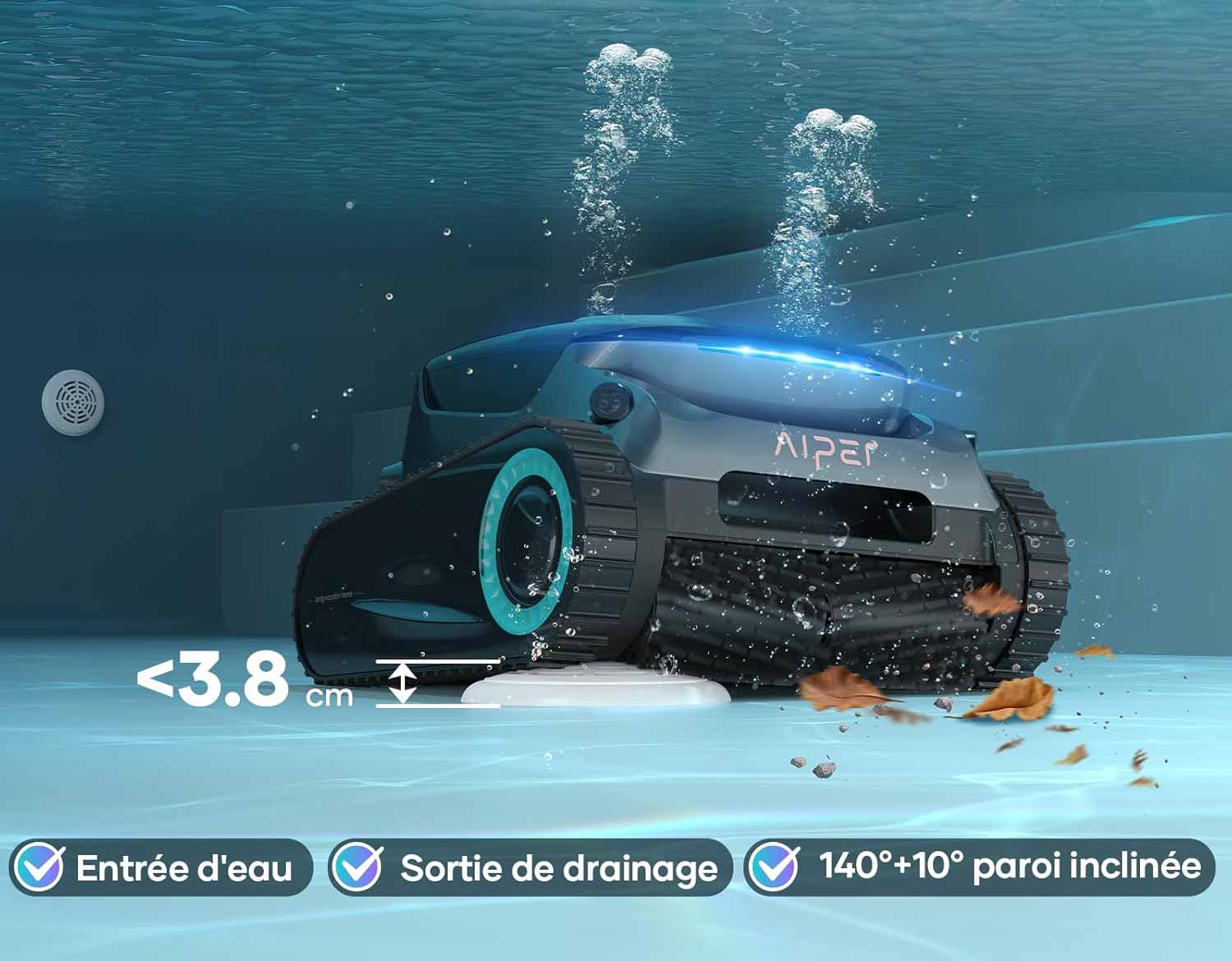 Chenilles du Scuba S1 Pro sur fond de carrelage de piscine.