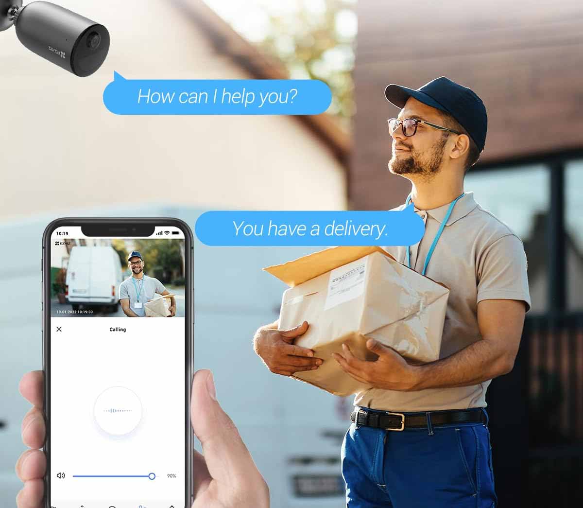 Microphone et haut-parleur intégrés pour parler avec les visiteurs depuis l’application.