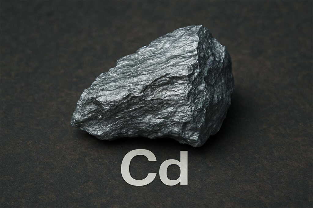 Morceau brut de cadmium extrait naturellement, posé sur fond sombre