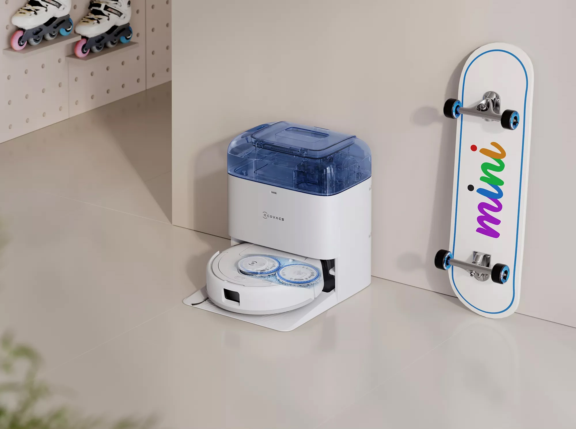 Station Ecovacs avec le Deebot Mini équipé de ses serpillères rotatives