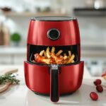 Airfryer ouvert contenant des frites dorées et du poulet croustillant